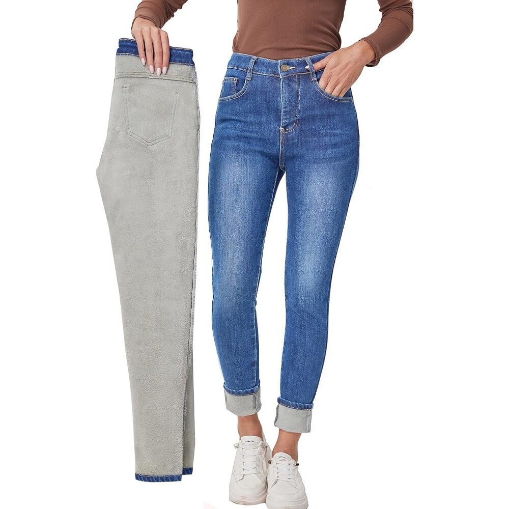 Women's Flannel Lined Jeans Warm Thermal Denim Slim Fit Casual Pants